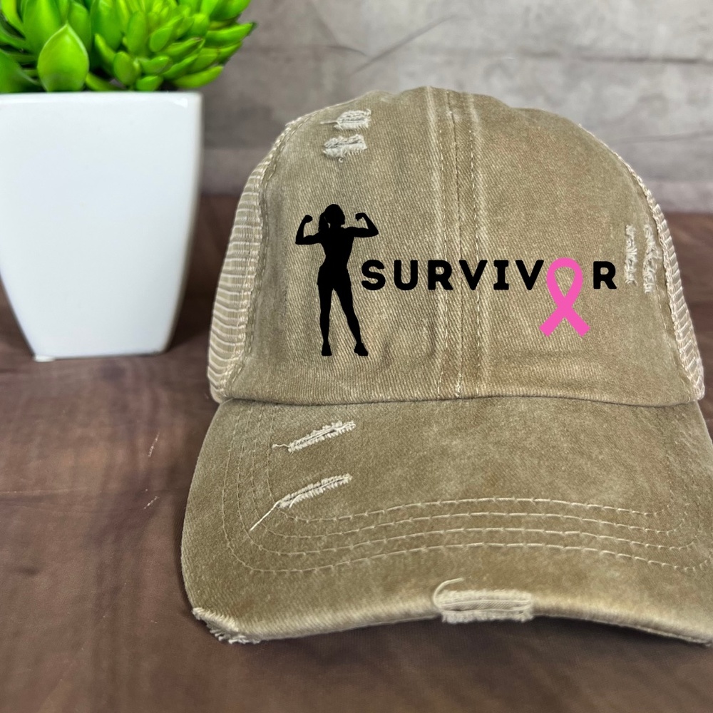Ponytail Breast Cancer Distressed Vintage Cap Messy High Bun Washed Baseball Cap